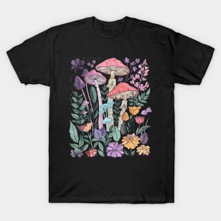 Goblincore Dark Cottagecore Cute Mushroom Purple Floral Garden T-Shirt